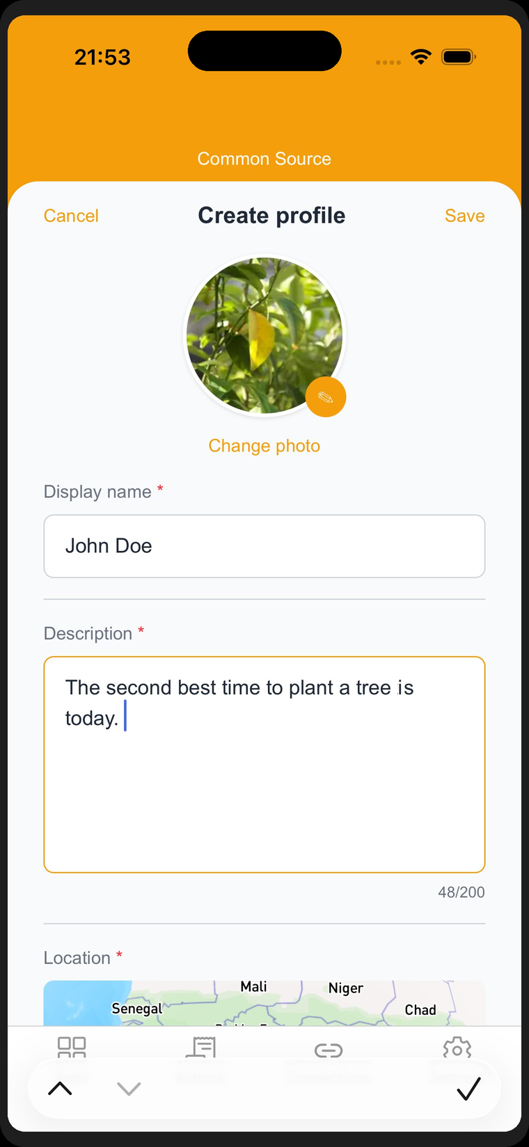 Create profile screen — display name, description, location